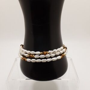 Vintage Pearl Seed And Tigers Eye Coil Bracelet - Excellent Used Condition